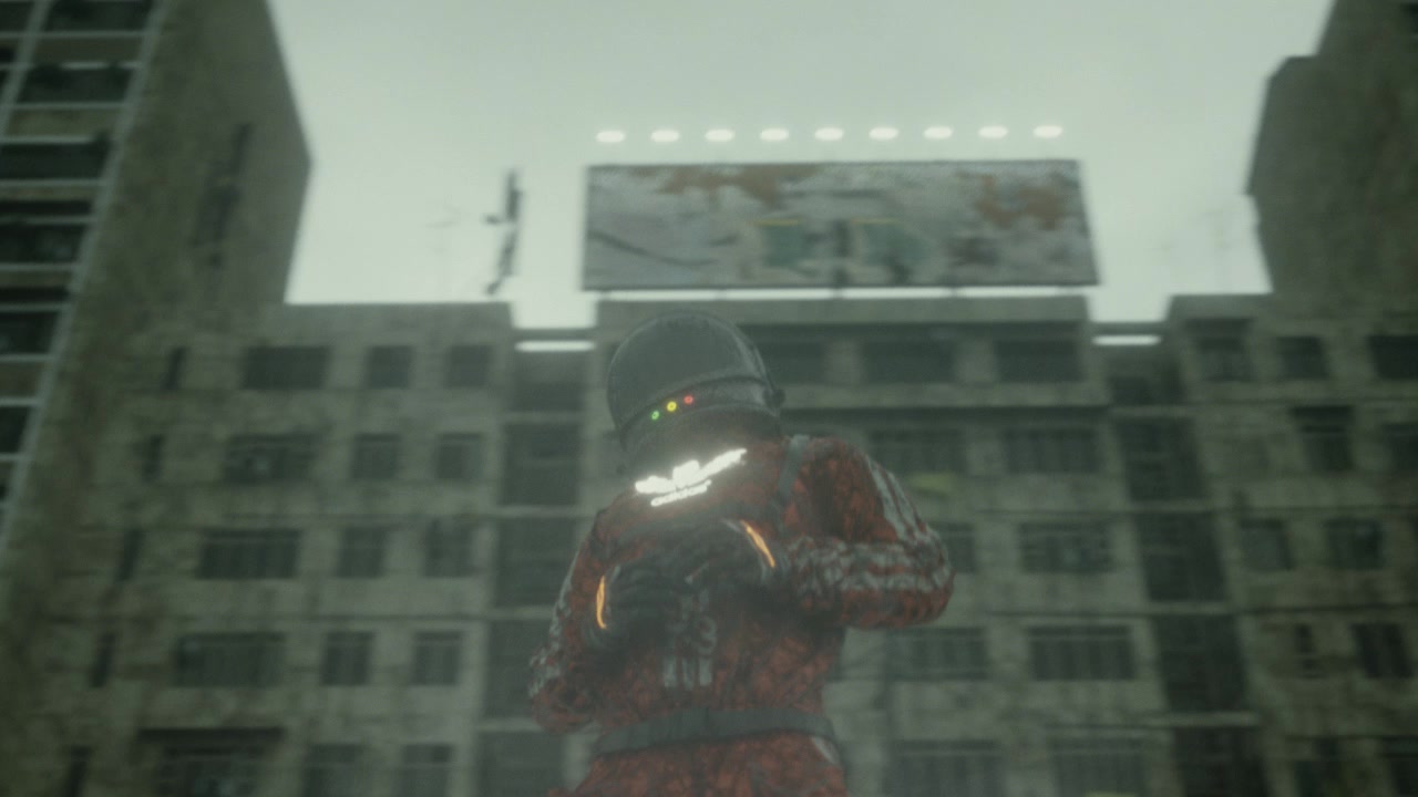 A science fiction character against an urban skyline